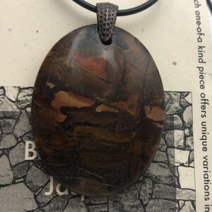 Brecciated Jasper Stone Statements Round Necklace Pendant Leather Black Cord